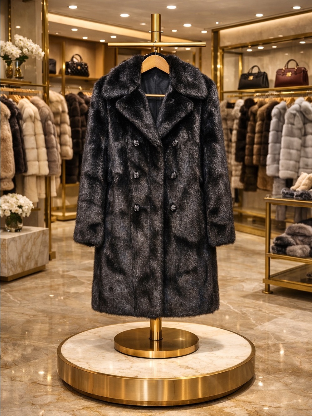 Black Double-Breasted Mink Fur Coat - Women's Elegant Winter Outerwear